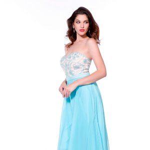 NEW LONG SLEEVELESS A-LINE DRESS EMBROIDERED WITH RHINESTONES AND LACE NX 8146